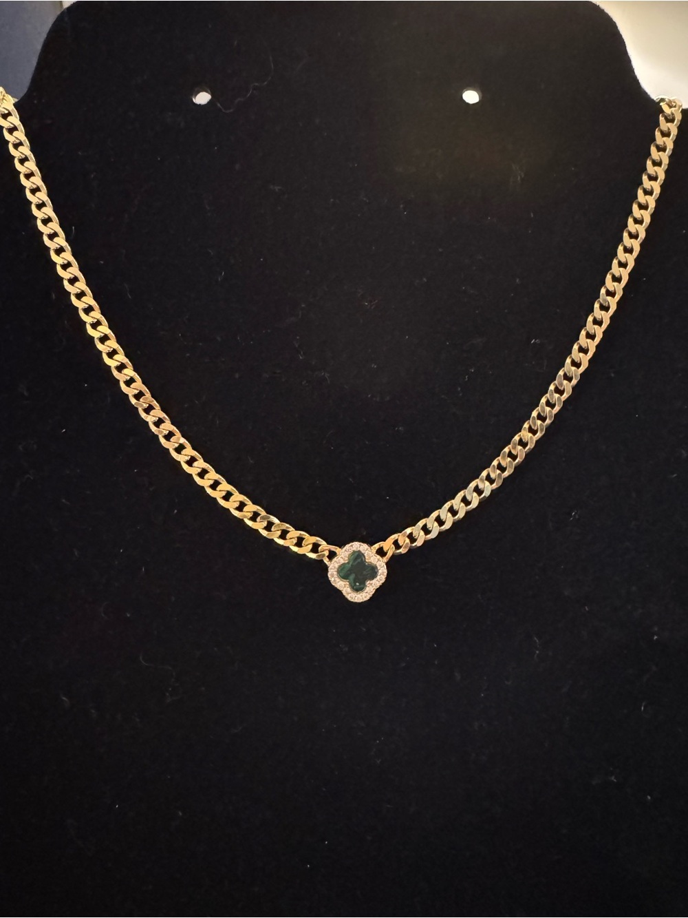 EHC 925 Gold Vermeil Malachite Clover Necklace CZ Halo 16-18”